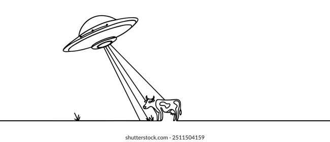 vector icon in flat style of one line on white background with the image of a UFO abducting a cow
