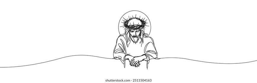 ícone de vetor em estilo plano de uma linha sobre fundo branco com a imagem de Jesus em uma coroa de espinhos
