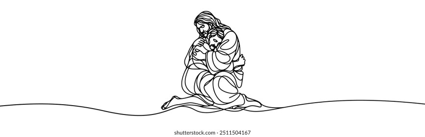 Icono de Vector en estilo plano de una línea sobre fondo blanco con la Imagen de Jesús que abraza a un pecador
