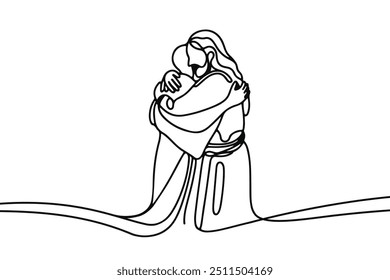 Icono de Vector en estilo plano de una línea sobre fondo blanco con la Imagen de Jesús que abraza a un pecador
