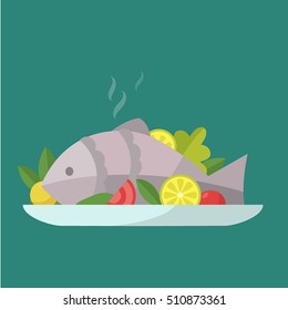 Vector Icon Flat Tasty Fish.Vector Illustration. Dinner Flat Cartoon Design. Food Icon.