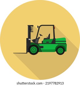 The vector icon is a flat-style forklift on a bright background, with a long shadow.