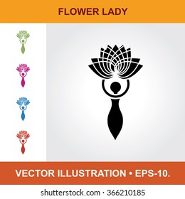 Vector Icon Of Flower Lady With Title & Small Multicolored Icons. Eps-10.