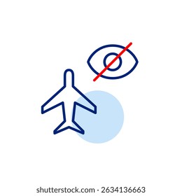 Vector icon of flying airplane with crossed-out eye, symbolizing hidden flight, private travel, or invisible tracking. Ideal for travel apps, aviation tools, and privacy settings