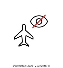 Vector icon of flying airplane with crossed-out eye, symbolizing hidden flight, private travel, or invisible tracking. Ideal for travel apps, aviation tools, privacy settings