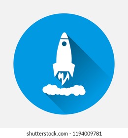  Vector icon flying rocket on blue background. Flat image rocket with long shadow. Layers grouped for easy editing illustration. For your design.