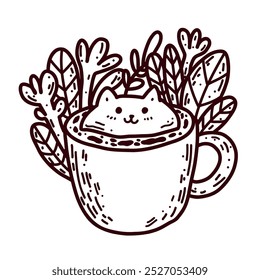 Icono de Vector con espuma de café en forma de gato en estilo de dibujos animados de contorno sobre fondo blanco. Decorado con flores, hojas perfectas para el menú de la cafetería.