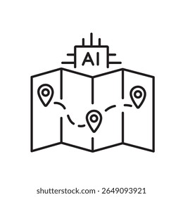 A vector icon of a folded map with delivery path and AI chip, representing smart geographic planning using artificial intelligence, created in line style with editable stroke