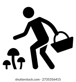 Vector icon for foraging activity depicting a man holding a basket and picking mushroom