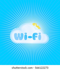 vector icon in the form of a cloud with the word Wi fi blue and the word free in the form of a yellow sun near the clouds on a blue background with rays