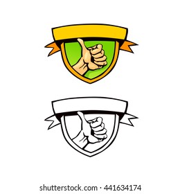Vector icon in the form of a coat of arms with a hand and a scroll. Thumb up. Color and black and white.