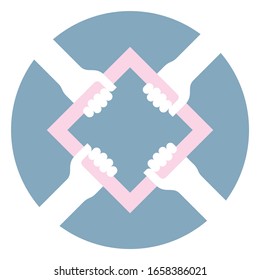 Vector icon of four hands holding a common square. Friendship symbol. Blue background.