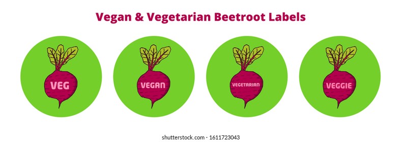 Vector icon of four labels with signs vegan, vegetarian, veg and veggie. Hand-drawn illustrations of beetroot with green leaves in a green round label. Organic vegetable icons are isolated on white.