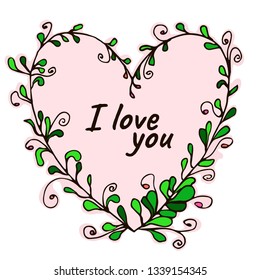 Vector icon - frame of heart in zen art, doodle, hand drawn style with text I love you . Colored image on white background. For valentine and wedding cards, invitations, web and interior design.