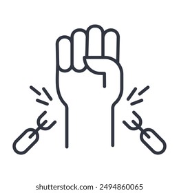 Vector icon freedom and release from shackles. Raised upward fist breaks the chain. Human rights, concept of independence. Editable stroke thin line sign isolated on white background.