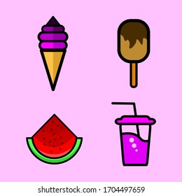 Vektorillustration Ikone mit frischen kalten Speisen und kalten Getränken. Speisen und kalte Getränke für warmes Wetter. Einfache und minimalistische Symbole