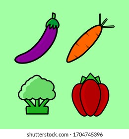Vector icon of fresh vegetables. Eggplant, carrot, broccoli and pepper. Flat icon design in a simple and modern style