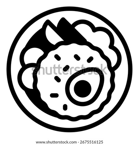 Vector icon of fried rice with vegetables and garnishes.