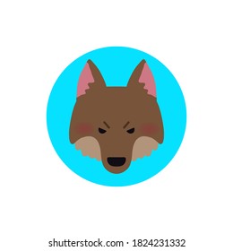 vector icon of a frowned brown wolf or dog head on a blue background, a sticker with the image of a husky, shepherd, eps 10