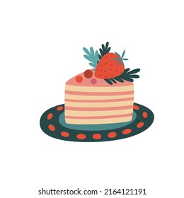 vector Icon fruit biscuit cake with strawberry. Image Happy Birthday cake isolated on white background. Coffee with love, flat vector cartoon illustration, clipart.