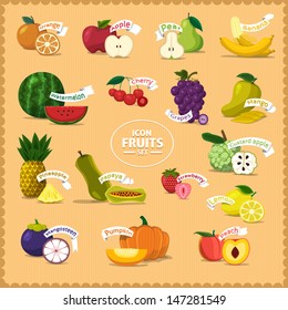 Vector Icon fruits and slice with style cartoon vintage 