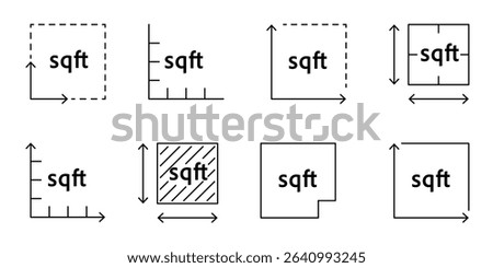 Vector icon with FT2 sign representing area in square feet. Outline symbol for land plot, property floor plan, or home room size