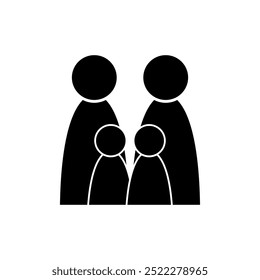 Vector icon full family, parents and two children. Avatar for social network. Pointer design. Black simplified silhouette on white background