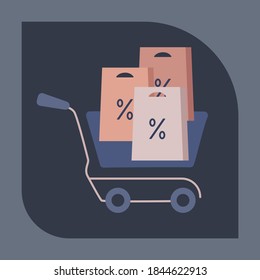 Vector icon of the Full Shopping cart with discount  products.  Pictogram.  Concept of mobile ordering