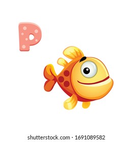 vector icon of funny cartoon fish with the letter of Russian alphabet, smiling pet, teaching kids to read and write, learning online, stay at home, smiley, mascot, emoticon isolated on white eps 10