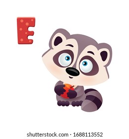 vector icon of a funny cartoon raccoon with red apple in its paws with a letter of the Russian alphabet, smiling pet, teaching kids to read and write, learning online, stay at home, smiley, mascot eps