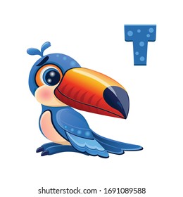 vector icon of funny cartoon toucan with a large beak with the letter of the Russian alphabet, smiling pet, teaching kids to read and write, learning online, smiley, mascot, emoticon bird  eps 10