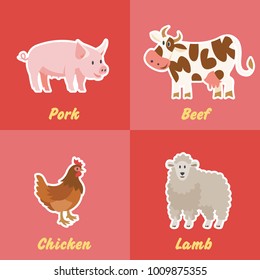 Vector icon of funny farm meat products with beef, lamb, pork, and chicken. Set of farming color tile. Cow, pig, sheep and chicken.