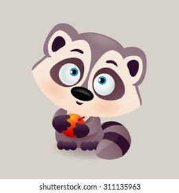 vector icon of a funny raccoon with an apple in its paws, cartoon flat icon for a child's illustration, mascot, african animal, cub, big eyes, fluffy tail eps 10, print for t-shirt