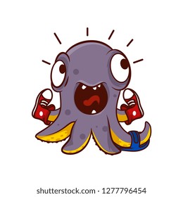 Vector icon of funny screaming octopus with pair of sneakers and one slipper on tentacles. Cartoon character