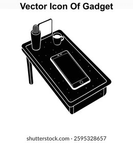Vector Icon of Gadget on a Small Table with a Cell Phone Coffee Cup and Cactus