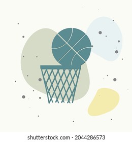 Vector icon game of basketball. The ball flies into the basket on multicolored background. Layers grouped for easy editing illustration. For your design.
