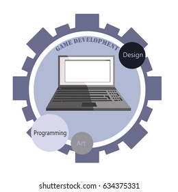 Vector icon for game development with gears and bubbles and a notebook in the center
