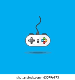 Vector icon of gamepad to play station on blue background. Illustration game joystick for game console. Game joystick for video games console