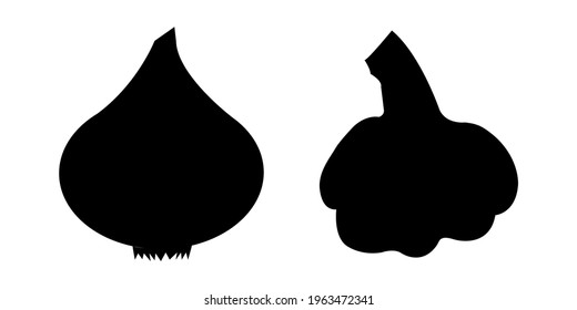 Vector icon of garlic and onion black silhouettes. Black and white illustration, glyph style design. Isolated on white background onion and garlick bulbs