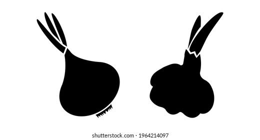 Vector icon of garlic and onion black silhouettes. Black and white illustration, glyph style design. Isolated on white background onion and garlick bulbs with roots, scales and sprouted feathers