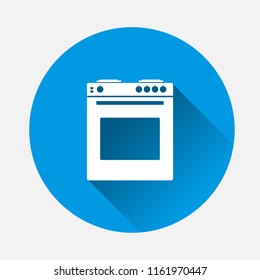 Vector icon gas stove with oven for a kitchen on blue background. Flat image home appliances with long shadow. Layers grouped for easy editing illustration. For your design.