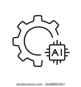 Um ícone vetorial de uma engrenagem com um símbolo de chip AI, criado no estilo de linha com traço editável
