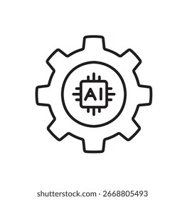 A vector icon of a gear with an AI chip in the center, symbolizing AI-powered settings or intelligent system configuration, created in line style with editable stroke