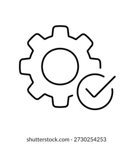 Un ícono de Vector de un engranaje con una marca de verificación, que simboliza una operación exitosa, creado en estilo de línea con un trazo editable