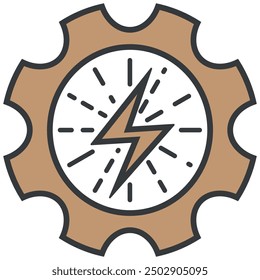 Vector icon of a gear with a lightning bolt in the center, symbolizing energy, power, and innovation. Suitable for industries like engineering, technology, or conflict prevention strategies