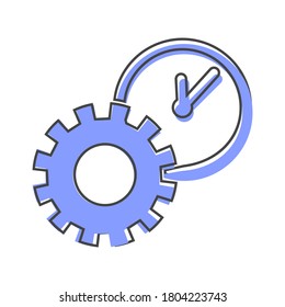Vector icon gears wheel and clock the working process. Illustration gears in motion cartoon style on white isolated background.
