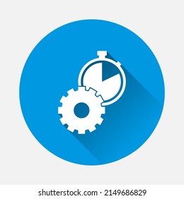 Vector icon gears wheel and clock the working process. Illustration gears in motion icon on blue background. Flat image with long shadow.