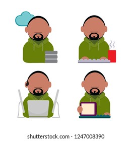 Vector icon of geek. Afro. The guy with the beard in the headphones is holding a tablet. Prints on the keyboard. Office worker. Avatar of social networks. Set of flat icons. African guy in sporty
