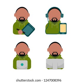 Vector icon of geek. Afro. The guy with the beard in the headphones is holding a tablet. Prints on the keyboard. Office worker. Avatar of social networks. Set of flat icons. African guy in sporty 