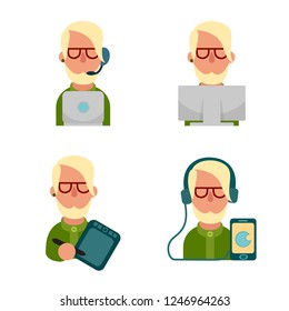Vector Icon of geeks. The guy with the beard in the headphones is holding a tablet. Prints on the keyboard. Office worker. Avatar of social networks. Set of flat icons. Gay guy. Stylish gay